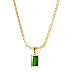 18K Gold Plated Stainless Steel Necklace Emerald Look Waterproof Hypoall…